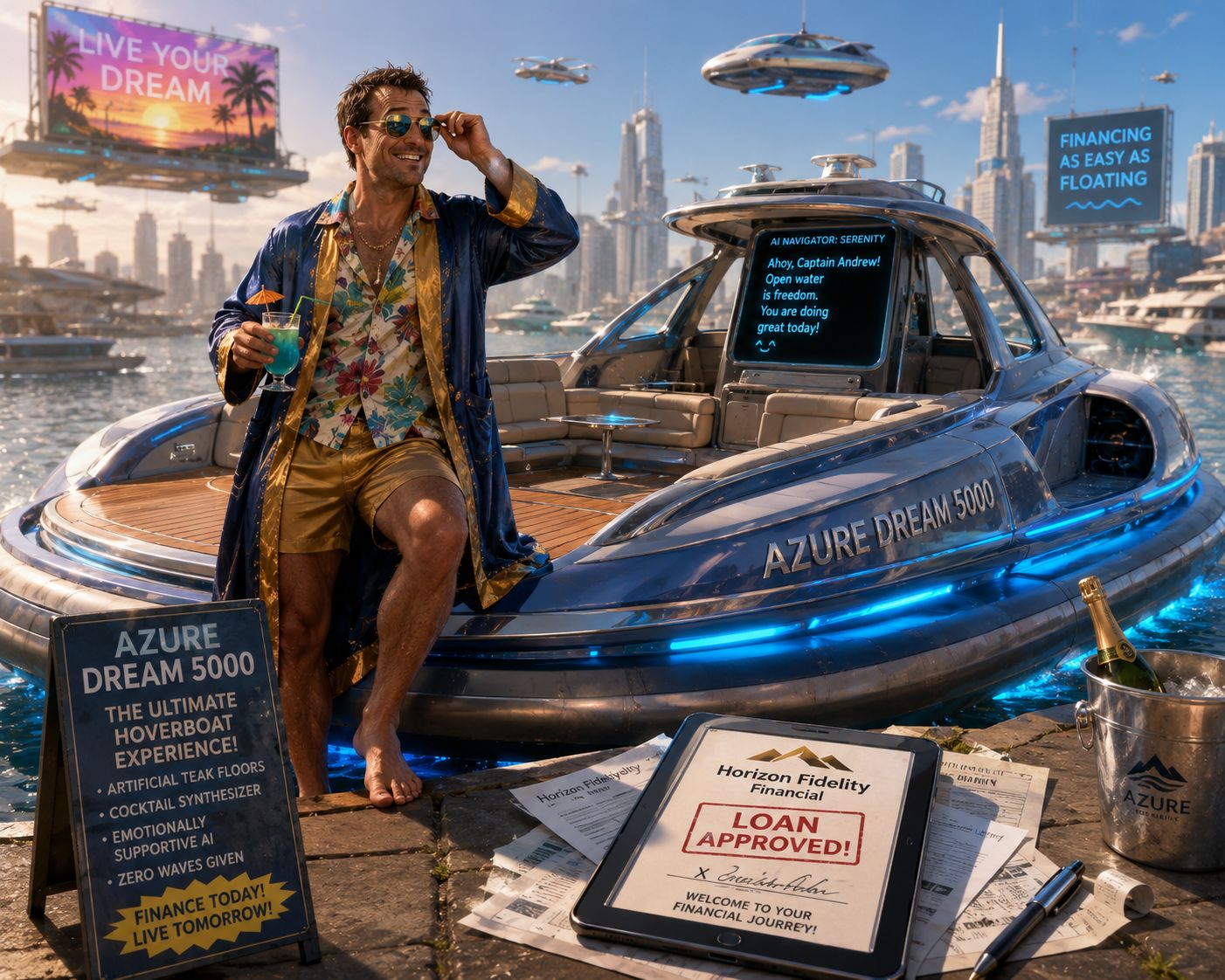 A man grinning at the helm of a luxury hoverboat