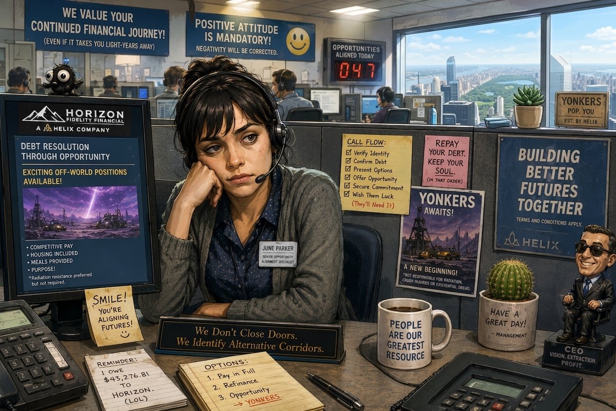 An office scene at Horizon Fidelity Financial where June Parker, an Opportunity Alignment Specialist, sits resigned at her desk. The workspace is filled with cynical corporate propaganda, including posters promoting 'off-world opportunities' on Yonkers, a bobblehead of the CEO, and various 'motivational' signs that hint at the grim reality of the company's debt-mining operations.
