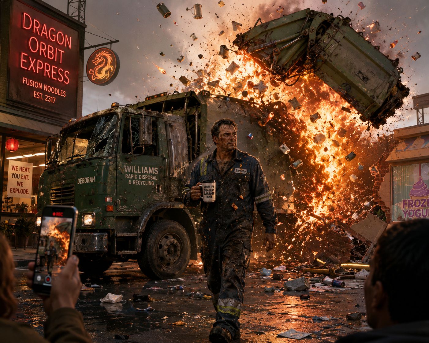 A garbage truck exploding in a shower of colors